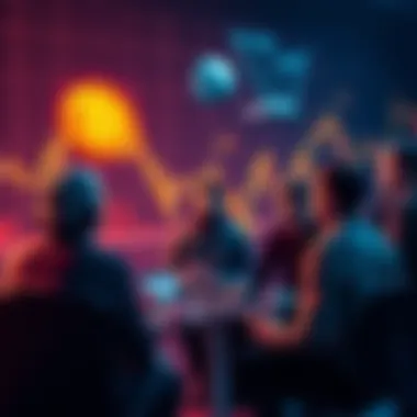 People engaging in a discussion about Bitcoin's worth with charts and graphs in the background.