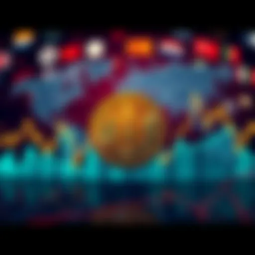 A chart showing Bitcoin's fluctuating value with world maps and symbols of conflict in the background