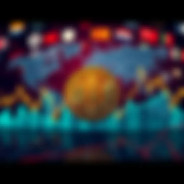 A chart showing Bitcoin's fluctuating value with world maps and symbols of conflict in the background