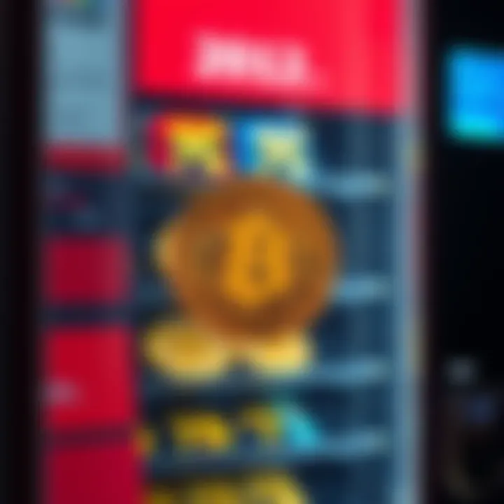A vending machine selling Bitcoin for $7, showing a physical coin with a private key, alongside a digital display