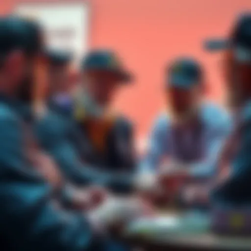 Group of Bitcoin veterans discussing insights with newcomers, highlighting key concepts and experiences