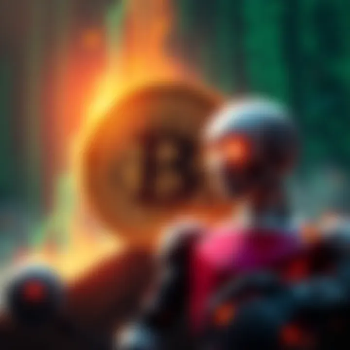 A graphic showing a Bitcoin symbol fading while an AI robot and computer code rise in the background, symbolizing AI's growth over Bitcoin.