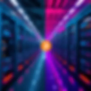 A side-by-side display of a Bitcoin mining farm and an AI farm, showcasing mining rigs on one side and AI servers on the other, highlighting the contrast in technology and operations.