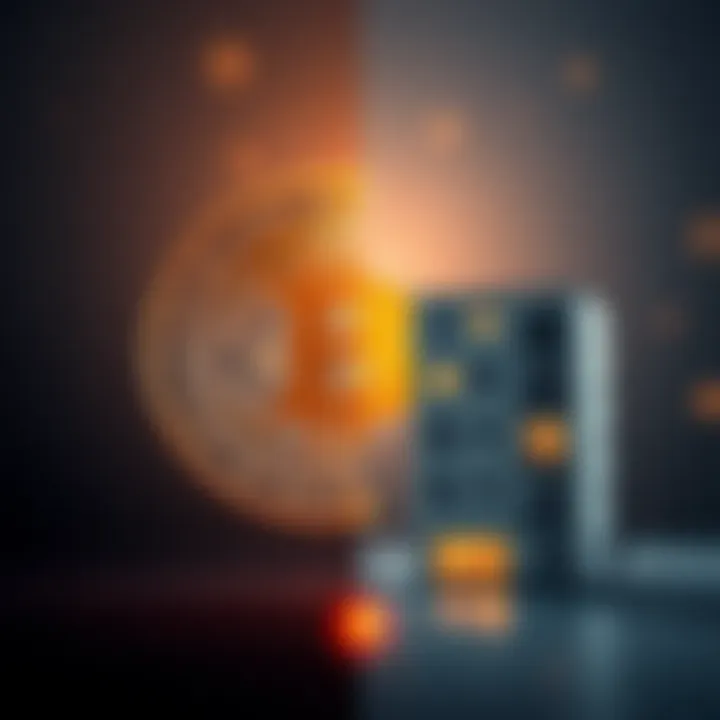 Bitcoin vs Apartment Choice A split image showing a shiny Bitcoin on one side and a small apartment building on the other, illustrating the choice between digital currency and real estate.