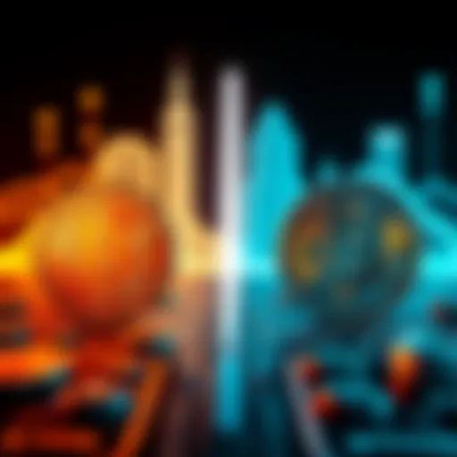 A visual showing the difference between Bitcoin and Bitcoins with icons representing each term and currency symbols