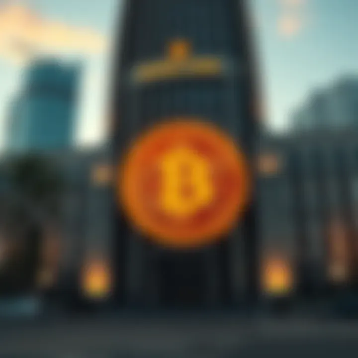 A Bitcoin symbol stands in front of a tall Central Bank building, illustrating the clash between decentralized currency and traditional banking.