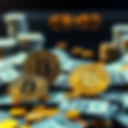 A visual comparison showing Bitcoin symbols alongside piles of cash, highlighting the debate between cryptocurrency and traditional currency.