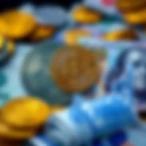 A side-by-side visual of Bitcoin and traditional currency notes, highlighting their differences in design and function, with a graph showing Bitcoin's deflationary trend.