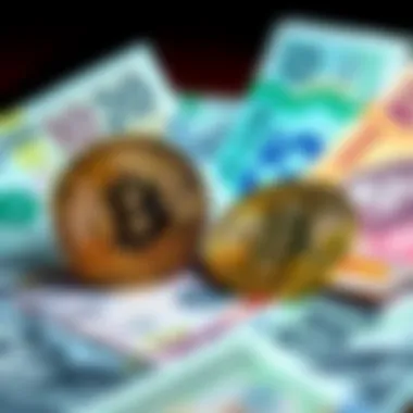 Bitcoin symbol in front of traditional fiat currency notes, illustrating the comparison between them as values.