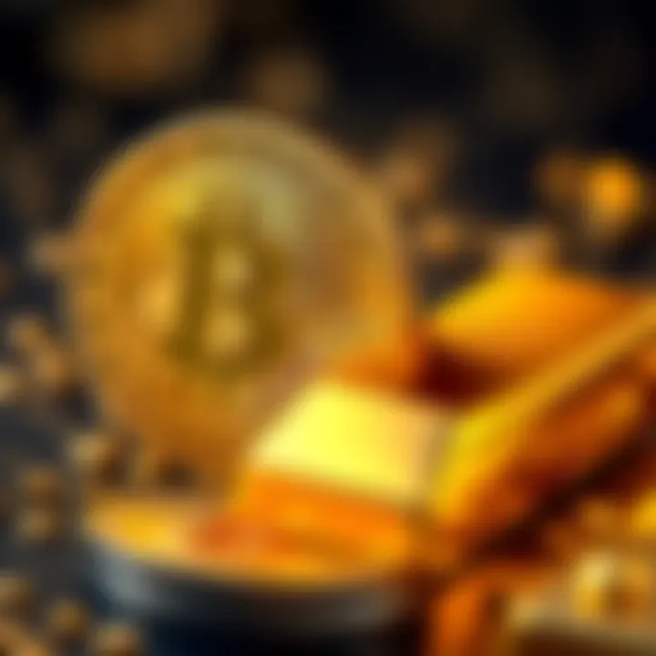 A side-by-side comparison of Bitcoin and gold, with Bitcoin represented as a digital coin and gold as shiny bars, illustrating their value in modern finance.