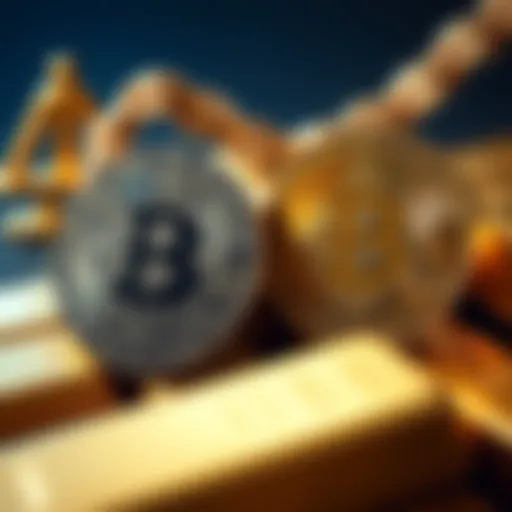 A visual showing Bitcoin coins next to gold bars, symbolizing investment options.