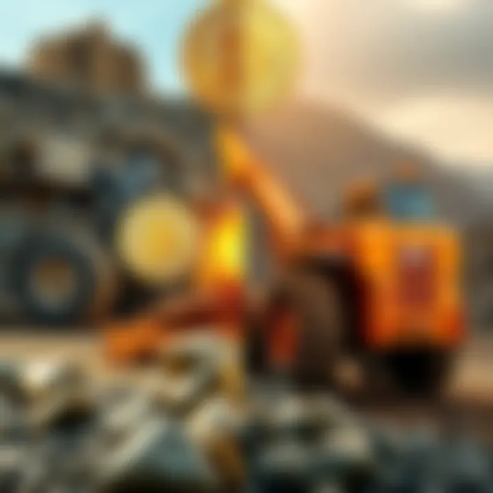 A split image showing Bitcoin mining with machines and gold mining with heavy equipment, highlighting the environmental effects.
