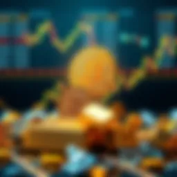 A graphic showing Bitcoin symbol rising above gold bars and stock market charts, illustrating a financial prediction.
