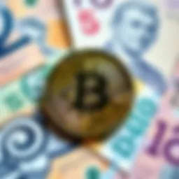 A Bitcoin symbol in focus with various government-backed currency notes blurred in the background.