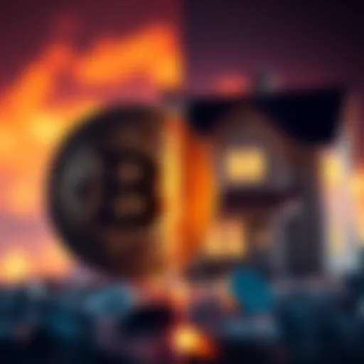 A split image showing a Bitcoin symbol on one side and a house on the other, highlighting the choice between investing in cryptocurrency and purchasing a home.