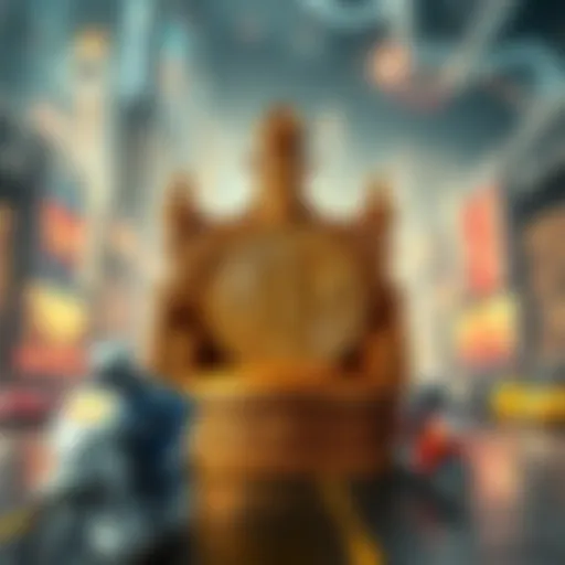 Bitcoin resting on a throne while new cryptocurrencies race past it in a futuristic cityscape