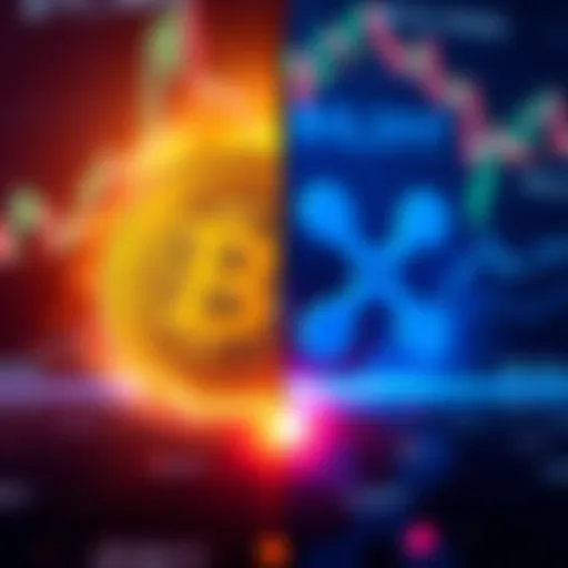 A split screen showing Bitcoin symbol on one side and Ripple symbol on the other, with financial charts and graphs in the background illustrating market trends.