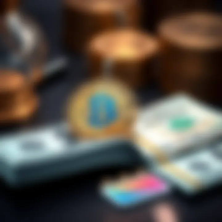 A comparison between Bitcoin and traditional currency, showcasing a Bitcoin coin next to cash money.