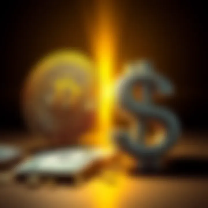 A visual comparison of Bitcoin cryptocurrency symbol and the US dollar, highlighting the debate among people about their values and future roles.