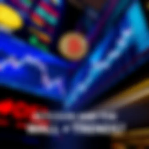 A graph showing Bitcoin prices with Wall Street market indicators in the background, highlighting their relationship during positive economic news.