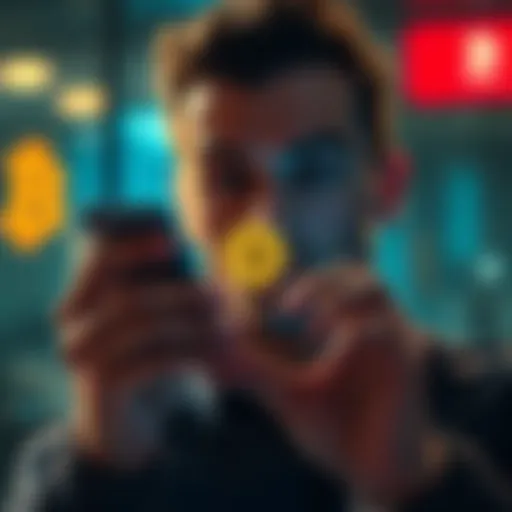 A person looking at a smartphone screen displaying a Bitcoin wallet app with a surprised expression