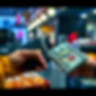 A person holding a Bitcoin wallet while making a purchase with cash, symbolizing the use of Bitcoin in daily transactions.
