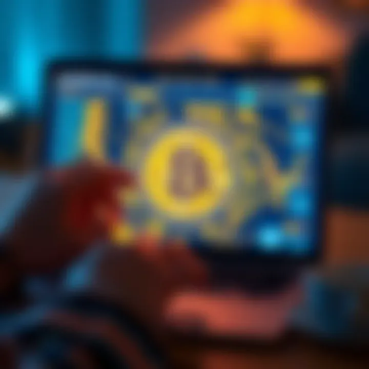 A person on a laptop creating a Bitcoin wallet with a digital interface on the screen.