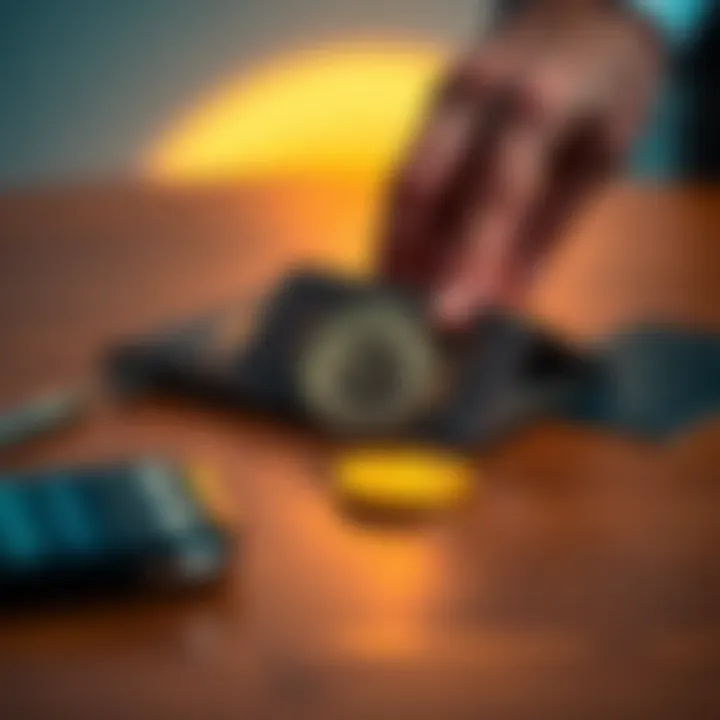 A physical Bitcoin wallet sits on a wooden table, with a person's hand reaching for it, representing the dilemma of discovering unexpected wealth.