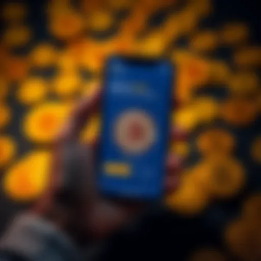 A person holding a smartphone displaying a Bitcoin wallet app, surrounded by Bitcoin coins.