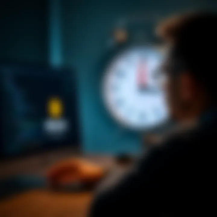 Bitcoin Wallet Lockout A frustrated person looking at their computer screen, showing a Bitcoin wallet error message, with a clock in the background indicating a delay.