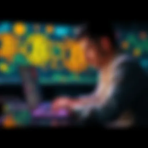 A person managing their Bitcoin wallet on a laptop with Bitcoin graphics in the background