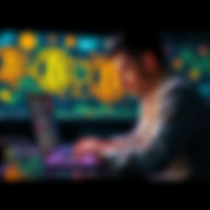 A person managing their Bitcoin wallet on a laptop with Bitcoin graphics in the background