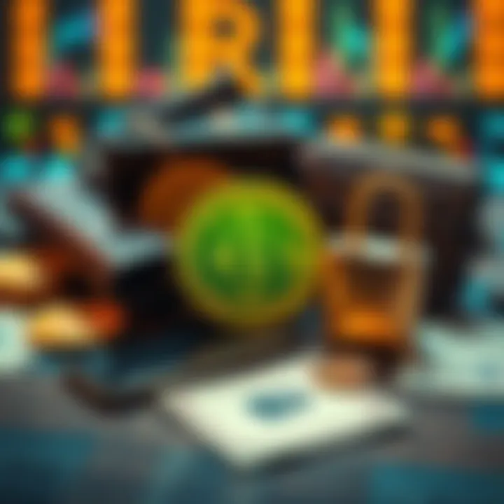 A variety of Bitcoin storage methods including hardware wallet, software wallet on a phone, and a paper wallet on a table, with a lock symbol representing security.