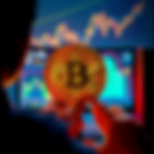 A person setting up a Bitcoin wallet on a computer with cryptocurrency graphics around