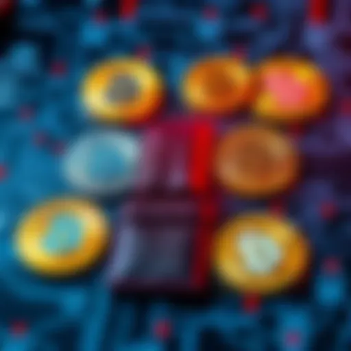 A visual representation of 10 separate bitcoin wallets with one active wallet highlighted for transactions and others labeled for cold storage.