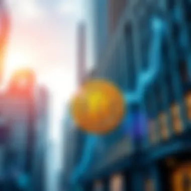 A graph showing Bitcoin's price rising, with Wall Street buildings in the background symbolizing financial interest.