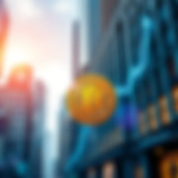 A graph showing Bitcoin's price rising, with Wall Street buildings in the background symbolizing financial interest.