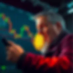 A worried investor looks at a Bitcoin price chart with declining trends, reflecting concerns about the cryptocurrency market.