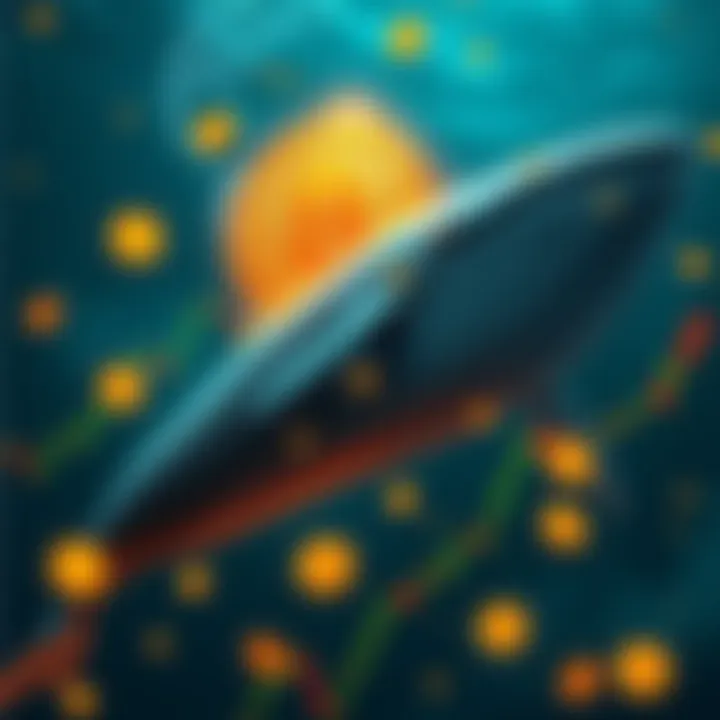 A large whale symbolically representing Bitcoin whales purchasing Bitcoin with charts showing rising prices