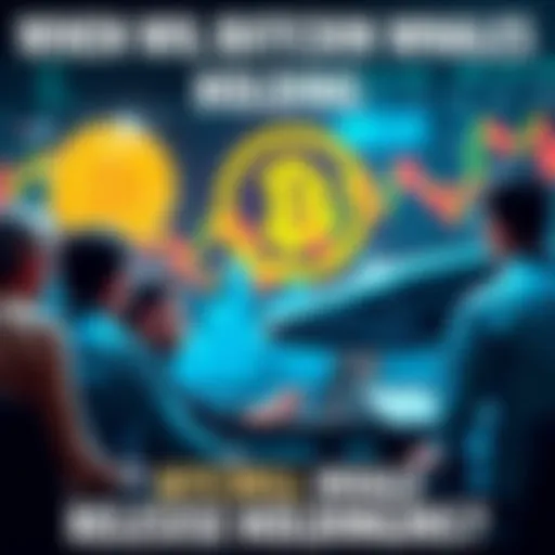 A group of people discussing Bitcoin investment strategies with charts and graphs in the background