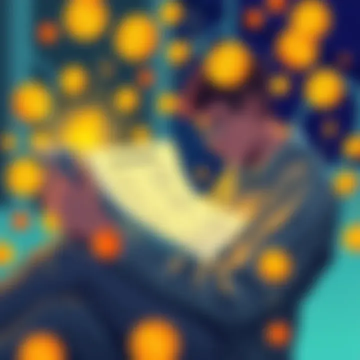 A person reading the Bitcoin whitepaper on a laptop, surrounded by digital currency symbols