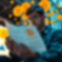 A person reading a printed document with Bitcoin symbols around them, reflecting interest in cryptocurrency
