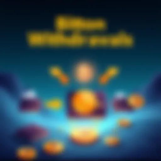 Illustration showing the steps of withdrawing Bitcoin from an account to a wallet, including arrows and visuals of wallets and Bitcoin symbols