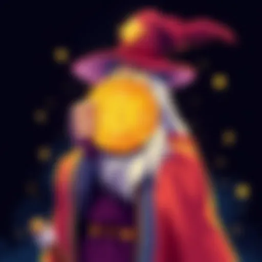 Bitcoin Wizard Illustration A whimsical representation of a wizard holding a Bitcoin, symbolizing the start of the Bitcoin movement from a fun idea to a major financial influence.