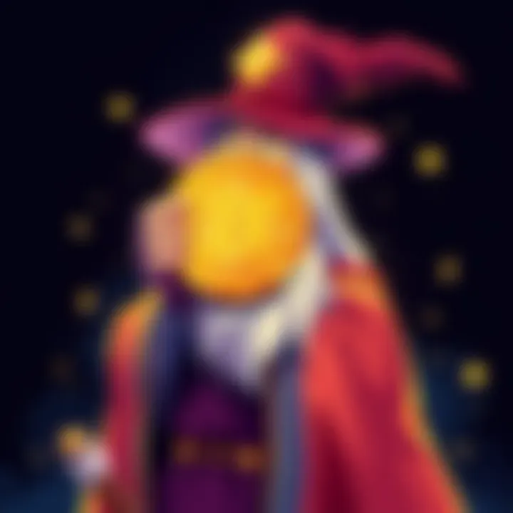 Bitcoin Wizard Illustration A whimsical representation of a wizard holding a Bitcoin, symbolizing the start of the Bitcoin movement from a fun idea to a major financial influence.