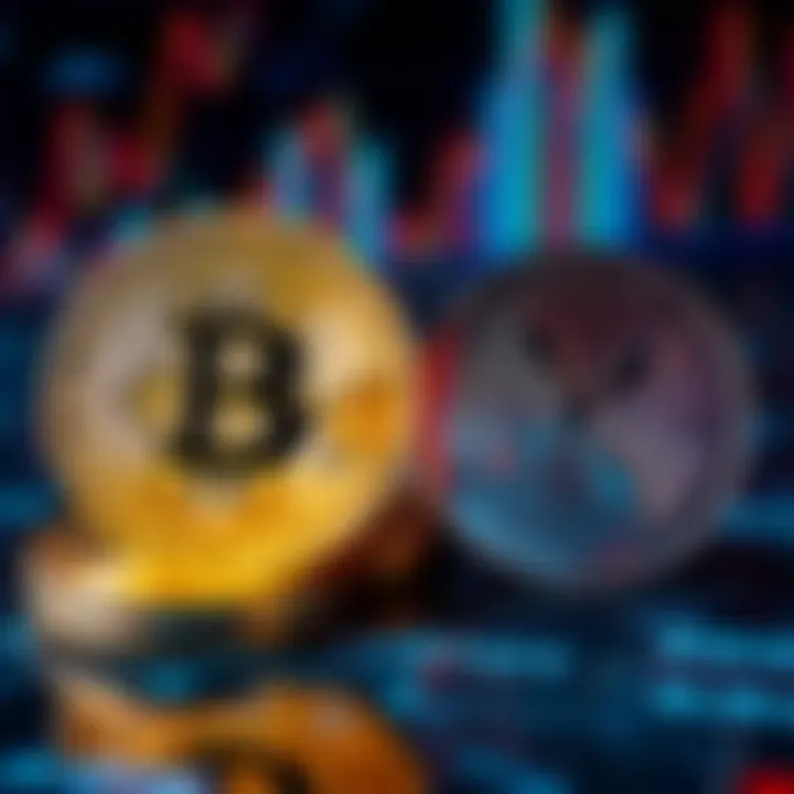 Close-up view of Bitcoin and XRP coins on a digital background