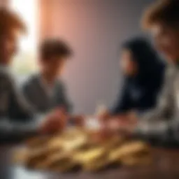 A group of young people discussing Bitcoin investment with coins on the table.