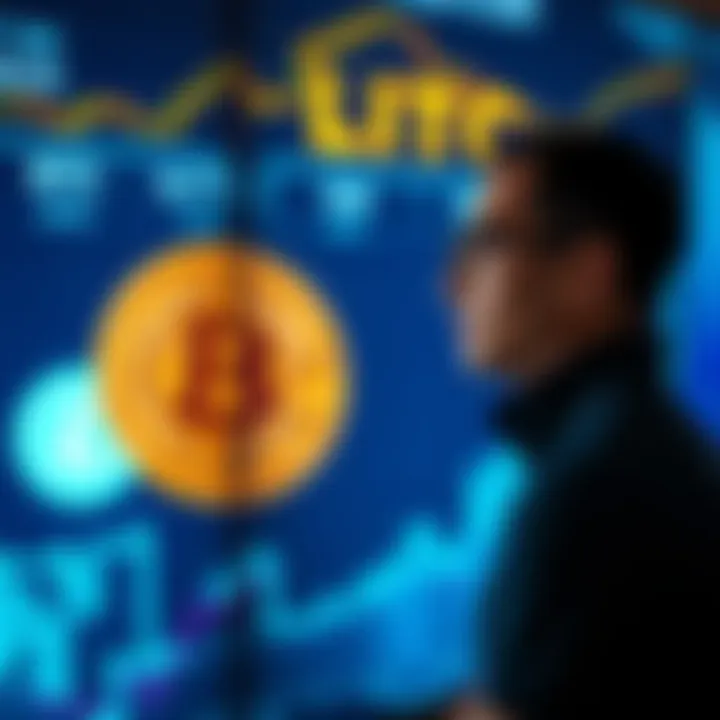 A Bitcoiner stands in front of a digital display showing Bitcoin and Litecoin logos, contemplating the conversion of his assets. He looks thoughtful, symbolizing a strategic investment decision.
