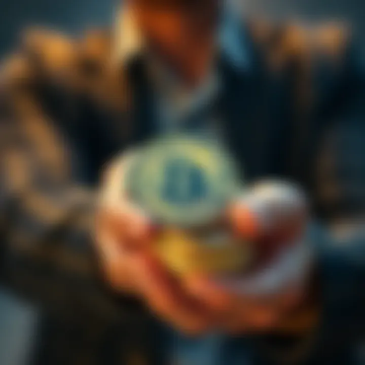 A person holding a small stack of Bitcoins, indicating financial potential and retirement planning.