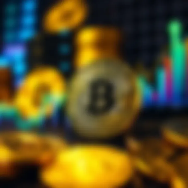 A visual representation of bitcoins with upward price trends and a graph showing competition in cryptocurrency markets.